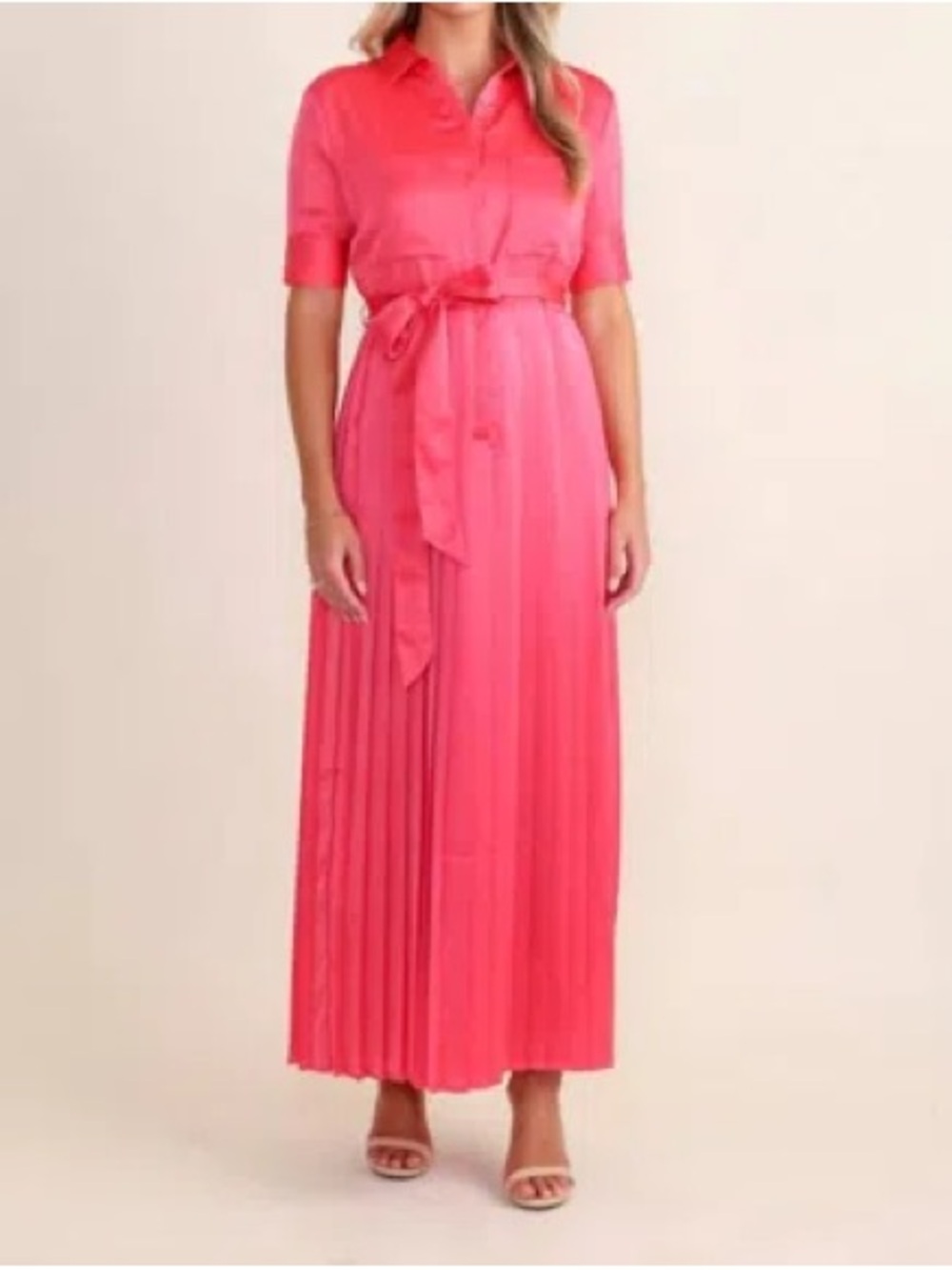 S’EDGE Coral Pleated Maxi Shirt Dress with Tie Waist